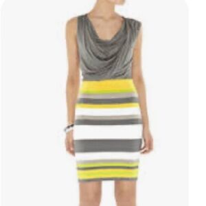Karen Millen Striped Yellow White Gray Stretch BodyCon Sleeveless Dress 1 US 0
